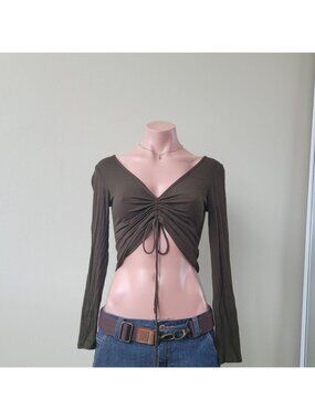 Live In The Moment Emerald Green Deep V-Neck Ruched Cropped Top (S)